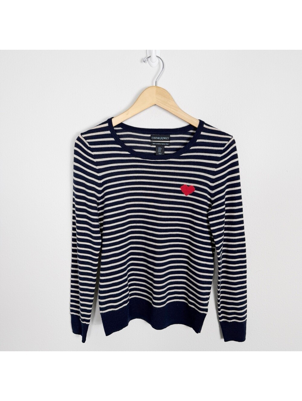 Cynthia Rowley 100% Extra Fine Merino Wool Sweater Womens Navy Blue Stripe Med